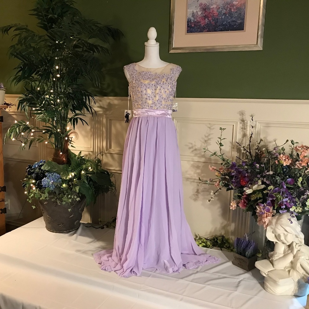 Lilac purple chiffon dress with appliqué top